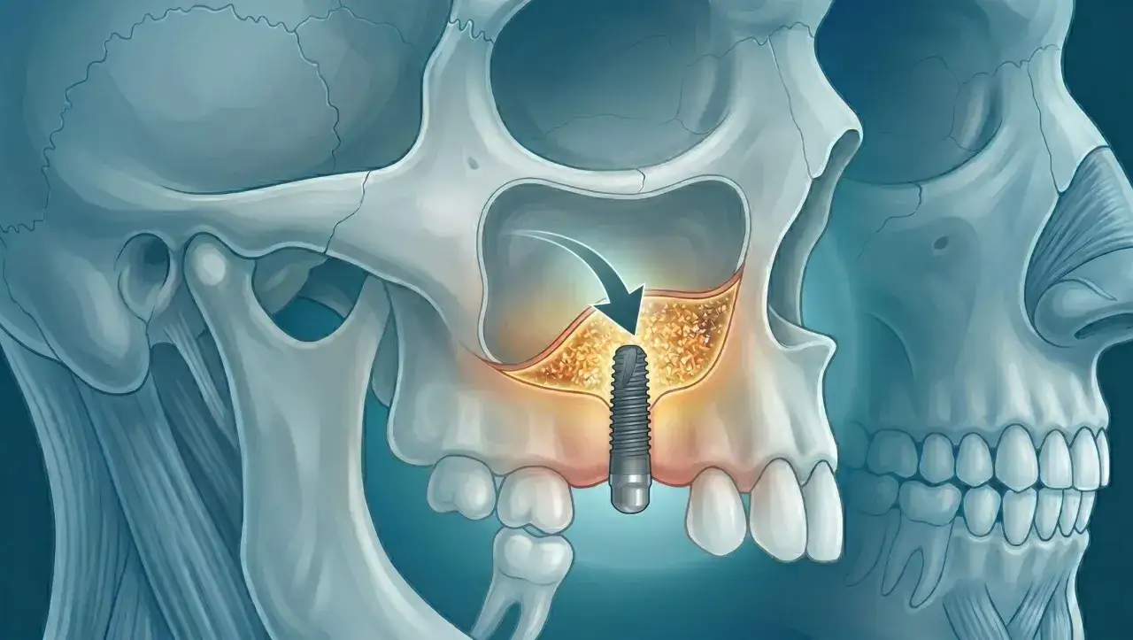 Illustrazione di un impianto dentale inserito nell'osso mascellare, mostrando la procedura di implantologia ossea dentale.
