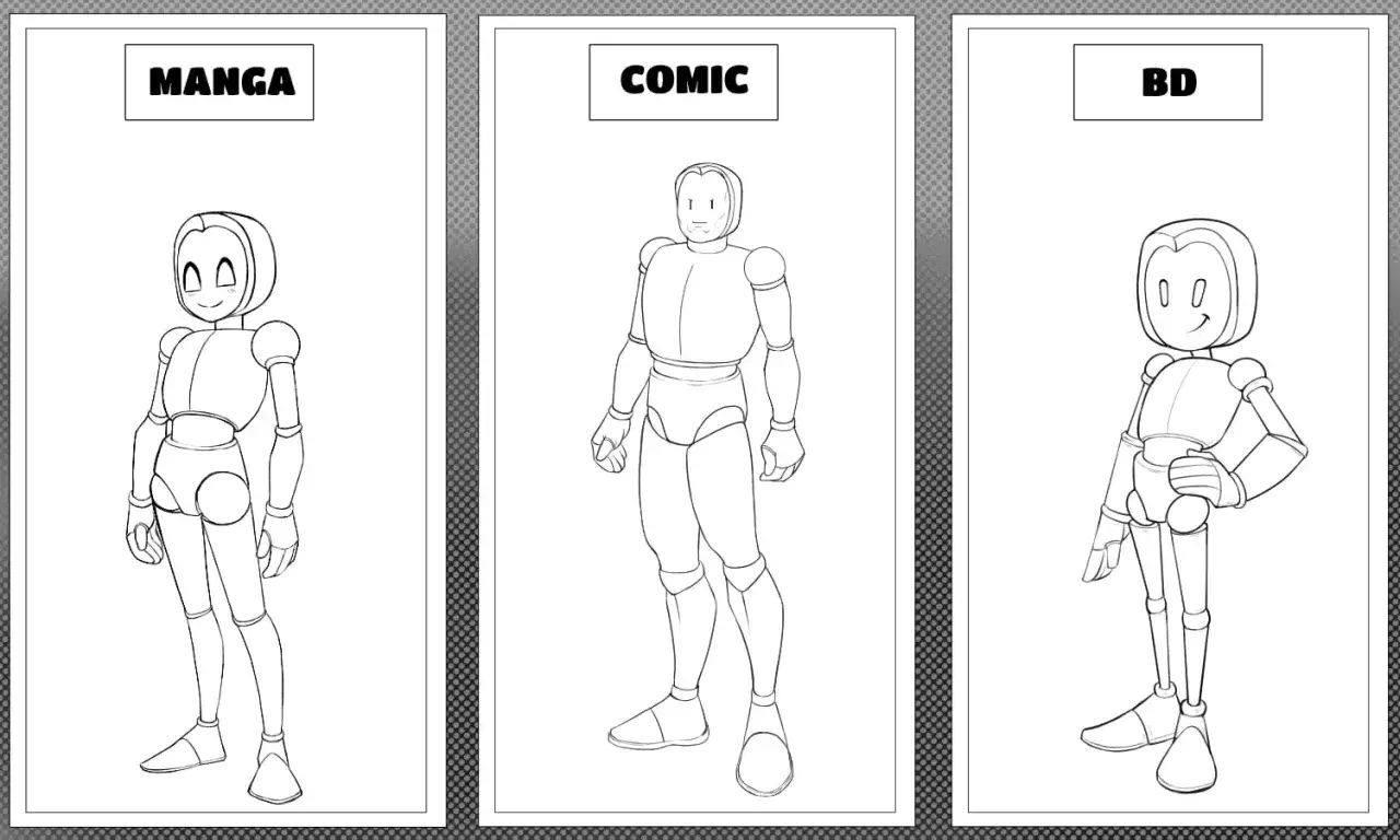 Trois mannequins illustrent comment trouver son style de dessin : manga, comic et BD.