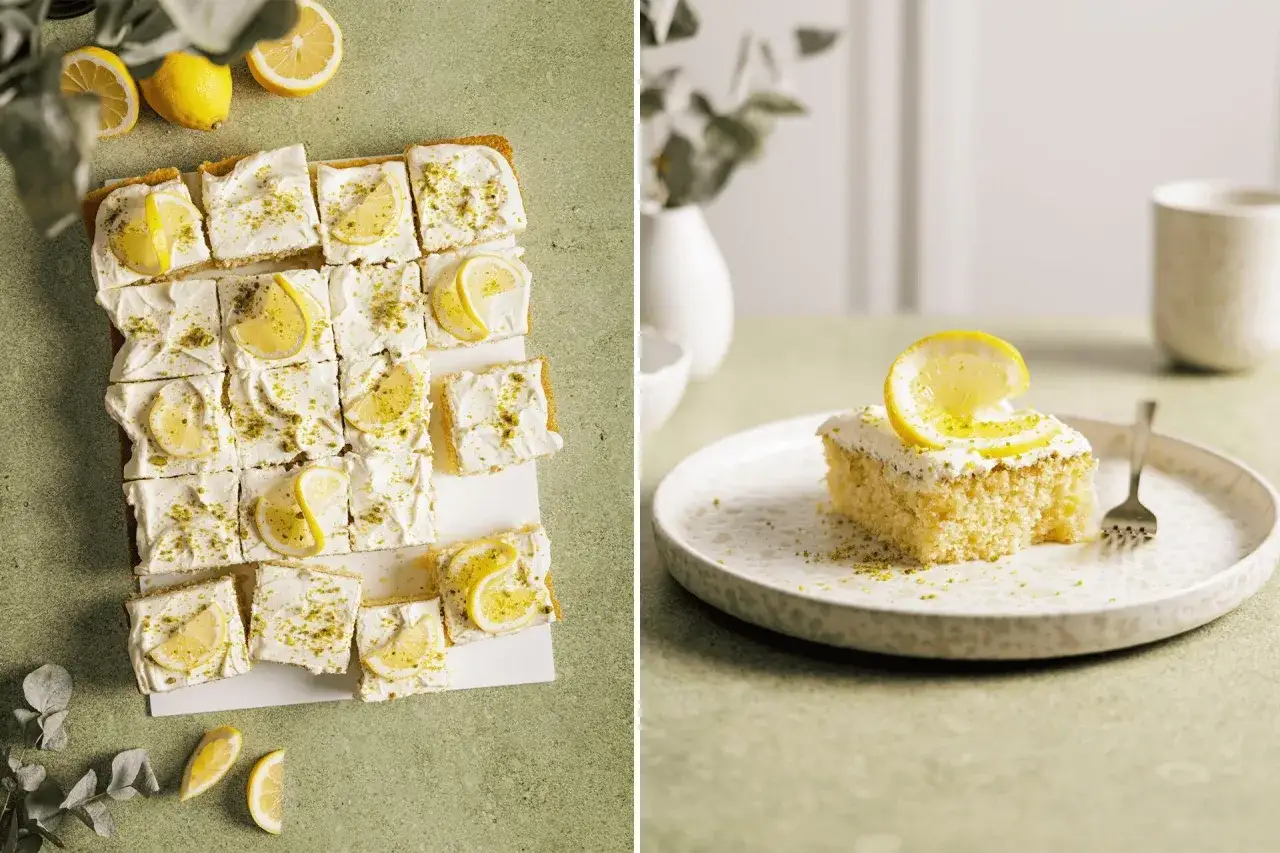 S&uuml;&szlig;er Genuss: Ein Blechkuchen mit cremigem Topping, garniert mit Zitronenscheiben und Pistazien. Perfekt f&uuml;r alle, die lemon curd kuchen lieben.