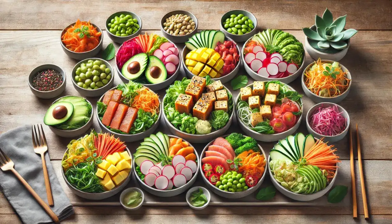 Kolorowe miski z warzywami, owocami i tofu – idealny Poke Bowl przepis na zdrowy posiłek.