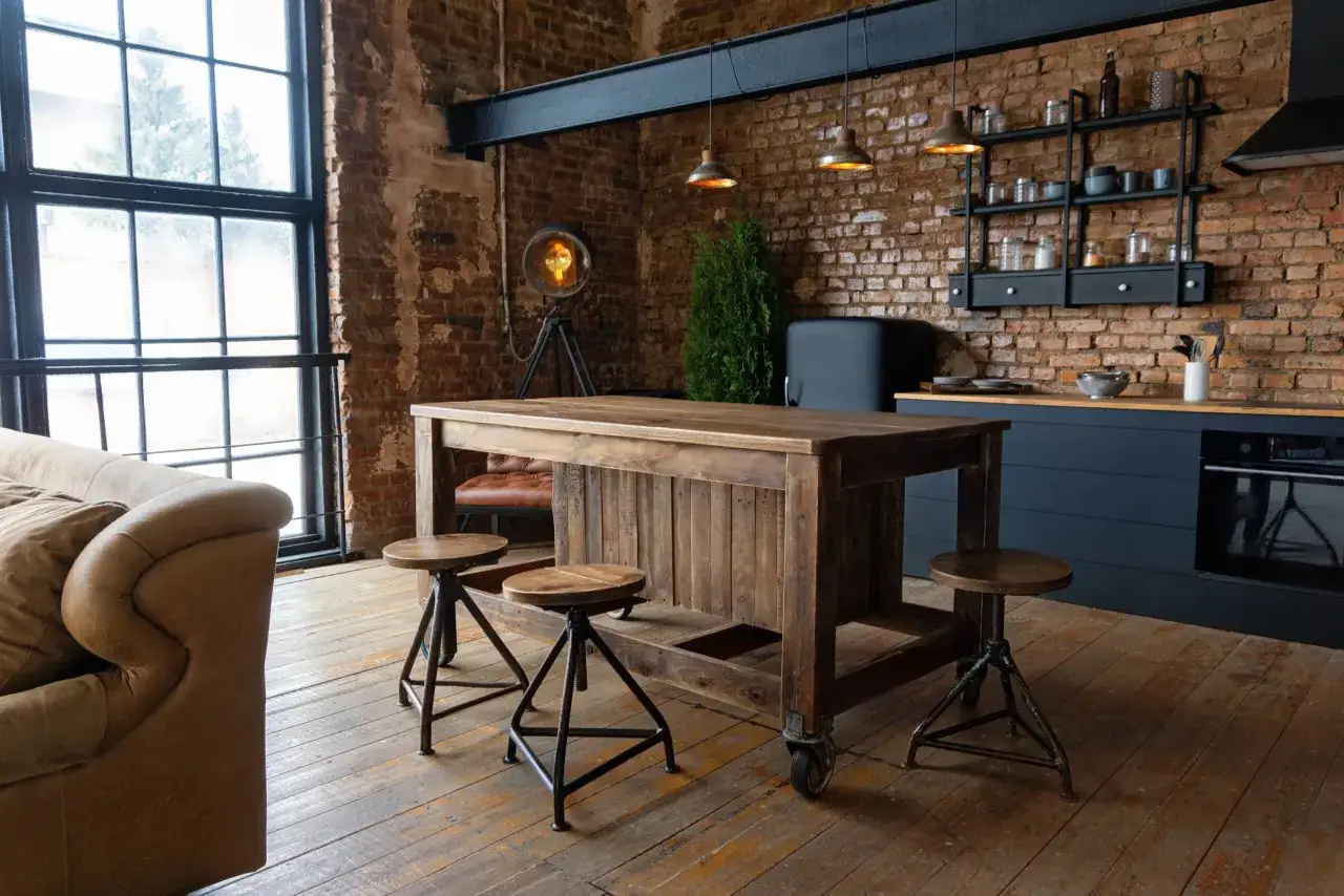Rustikale Küche im **industrial style** mit Holztisch, Metallhockern und Ziegelwänden.
