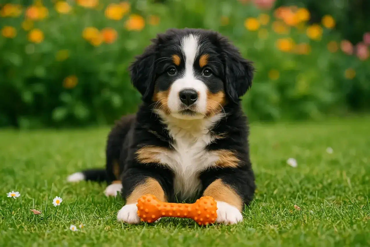 Adorable bouvier bernois chiot avec un jouet orange, prêt pour une alimentation saine et équilibrée.