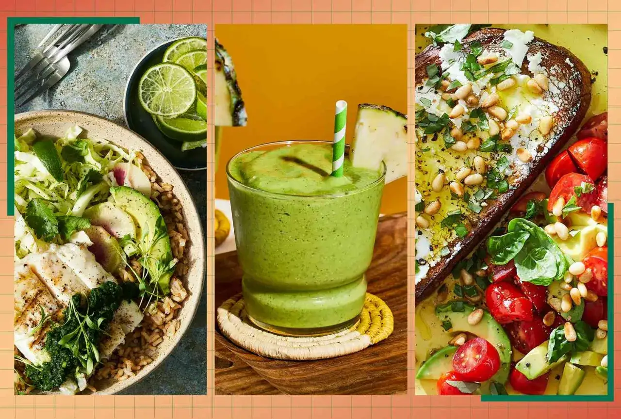 Platos saludables para una dieta pérdida de grasa: pescado con arroz y aguacate, batido verde y tostada con tomates y piñones.