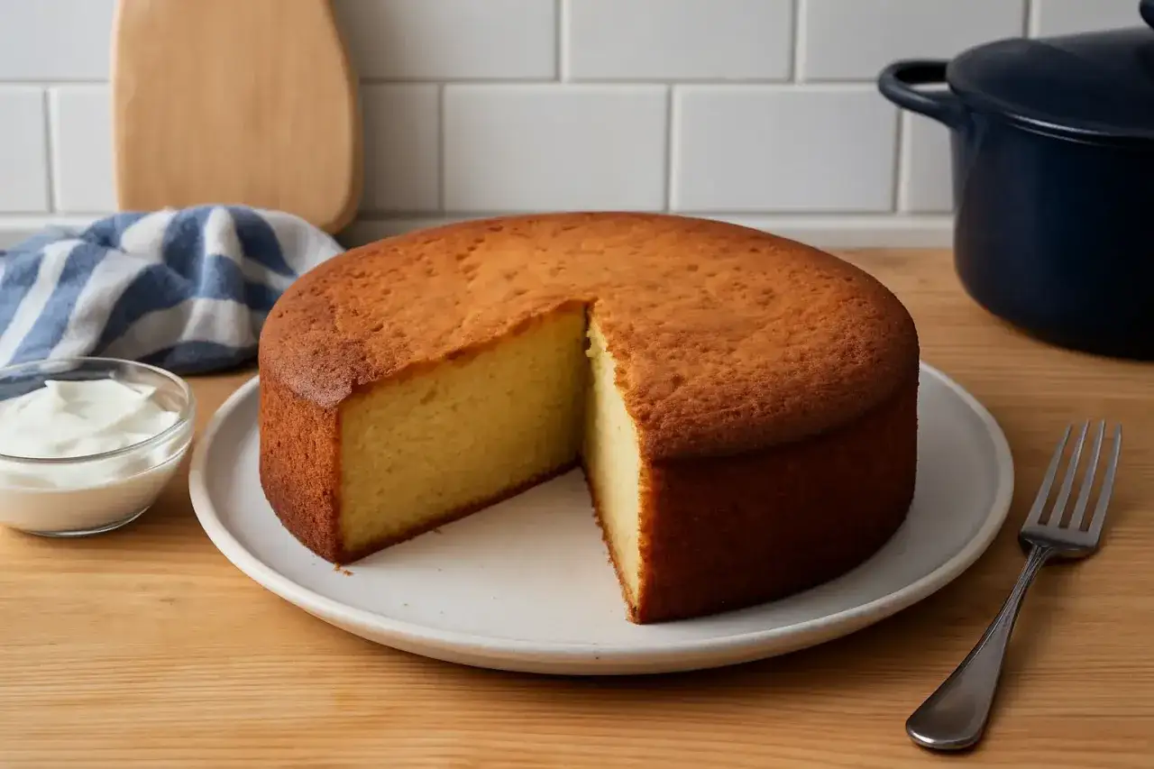 G&acirc;teau moelleux avec une part manquante, servi avec du skyr cr&eacute;meux. On se demande si on peut chauffer le skyr pour accompagner ce d&eacute;lice.