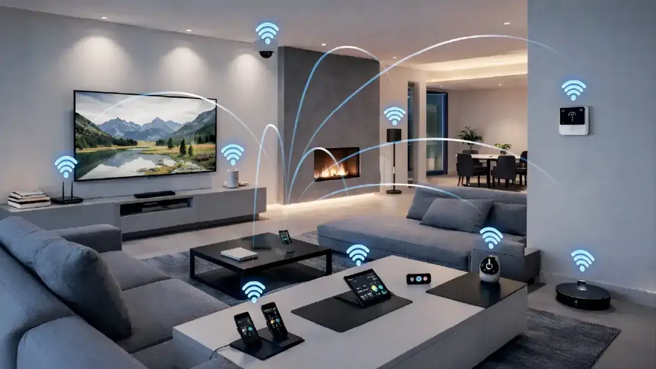 A modern living room showcasing the internet of things smart home concept. Devices like a TV, security camera, and robot vacuum are connected via Wi-Fi signals.