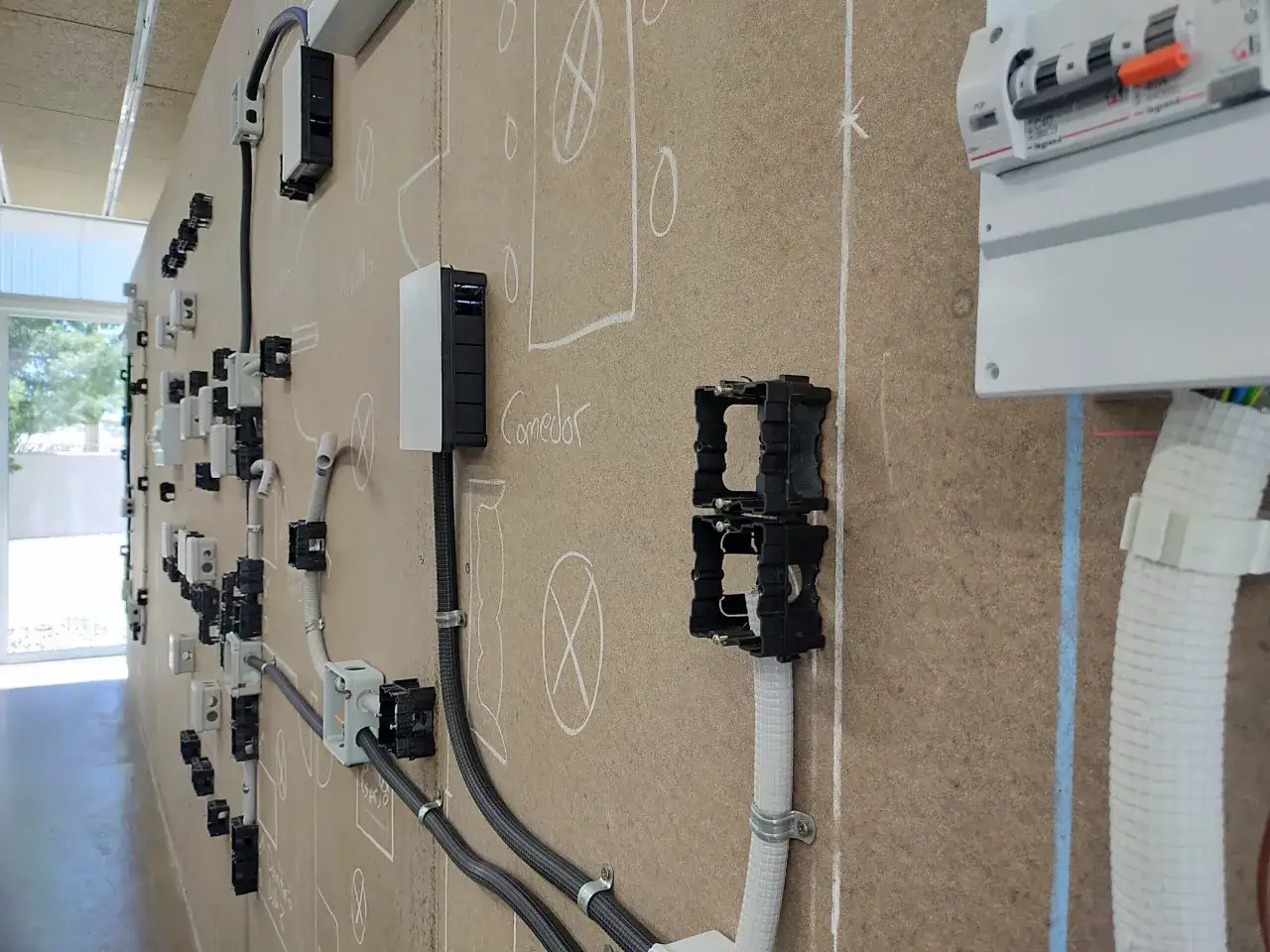 Instalaci&oacute;n el&eacute;ctrica en pared de madera, con cajas, tubos y cableado. Ideal para pr&aacute;cticas de grado superior electricidad.