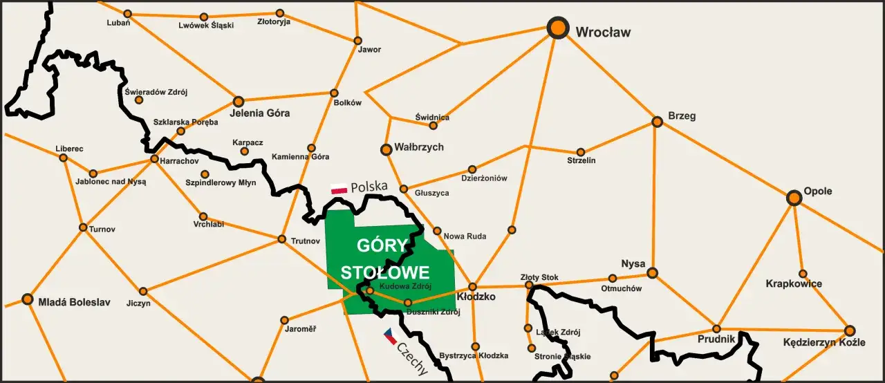 Mapa atrakcji Gór Stołowych i okolic. Zaznaczone miasta takie jak Kudowa Zdrój, Kłodzko, Wałbrzych, Wrocław, Opole.