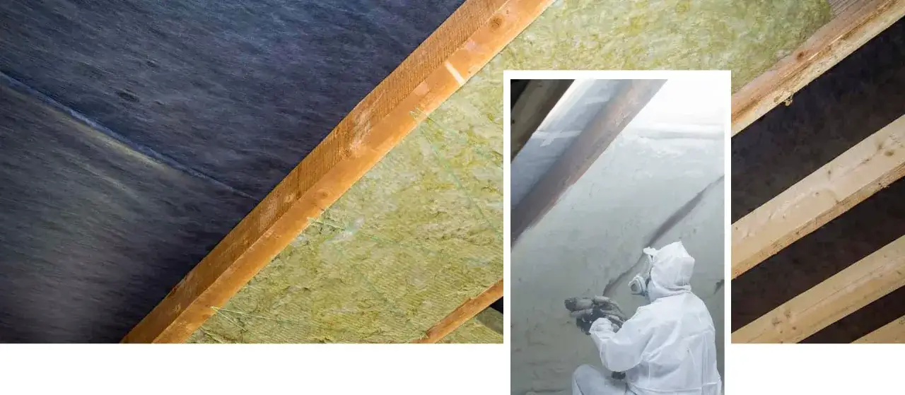 Ocieplenie poddasza pianką PUR. Pracownik w kombinezonie natryskuje materiał izolacyjny na drewnianą konstrukcję dachu.