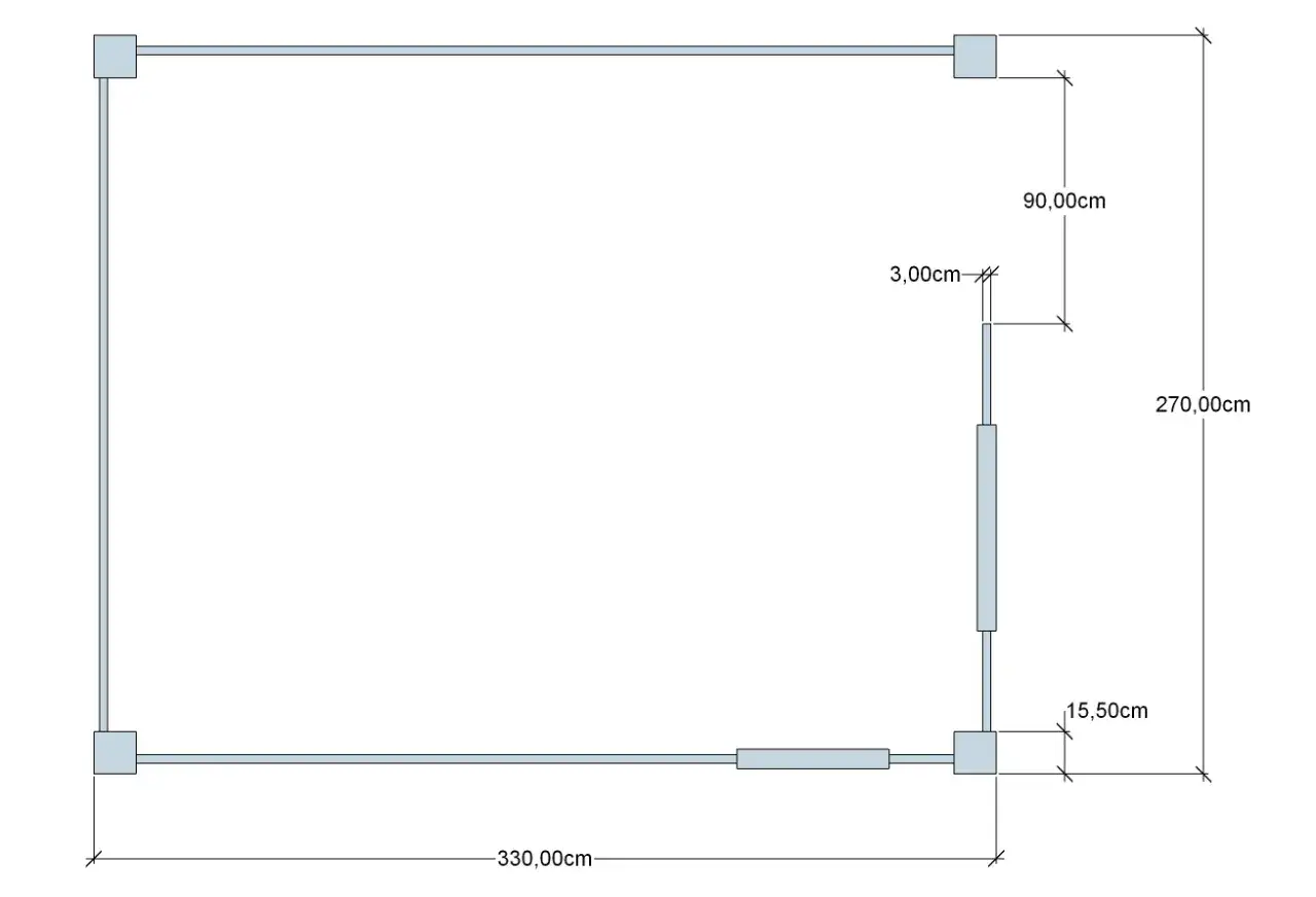 Projekt domku narzędziowego: prostokątny rzut z wymiarami 330x270cm, z zaznaczonymi elementami konstrukcyjnymi i otworami.