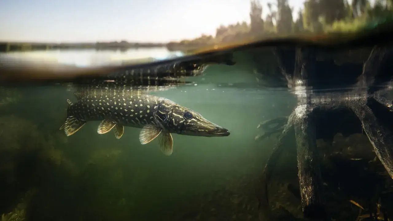 Ein Hecht lauert im trüben Wasser, bereit zum Angriff. Die Unterwasserwelt zeigt seine Raubfisch-Natur.