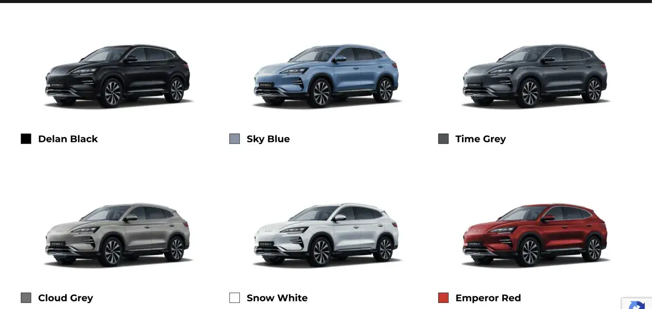Seis BYD Seal U en distintos byd seal colores: negro, azul cielo, gris, gris nube, blanco nieve y rojo emperador.