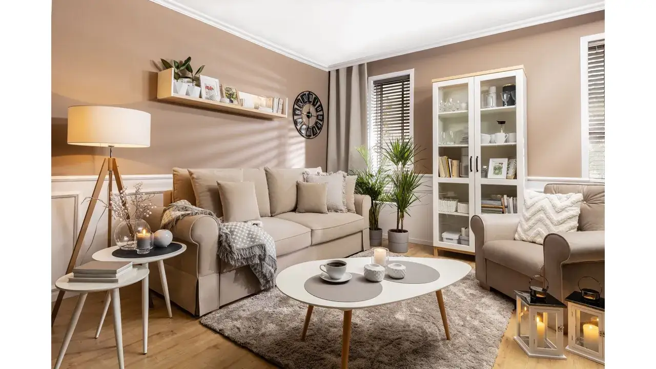 Przytulny salon z kanapą w kolorze szafranowym, stolikami, regałem i lampą.