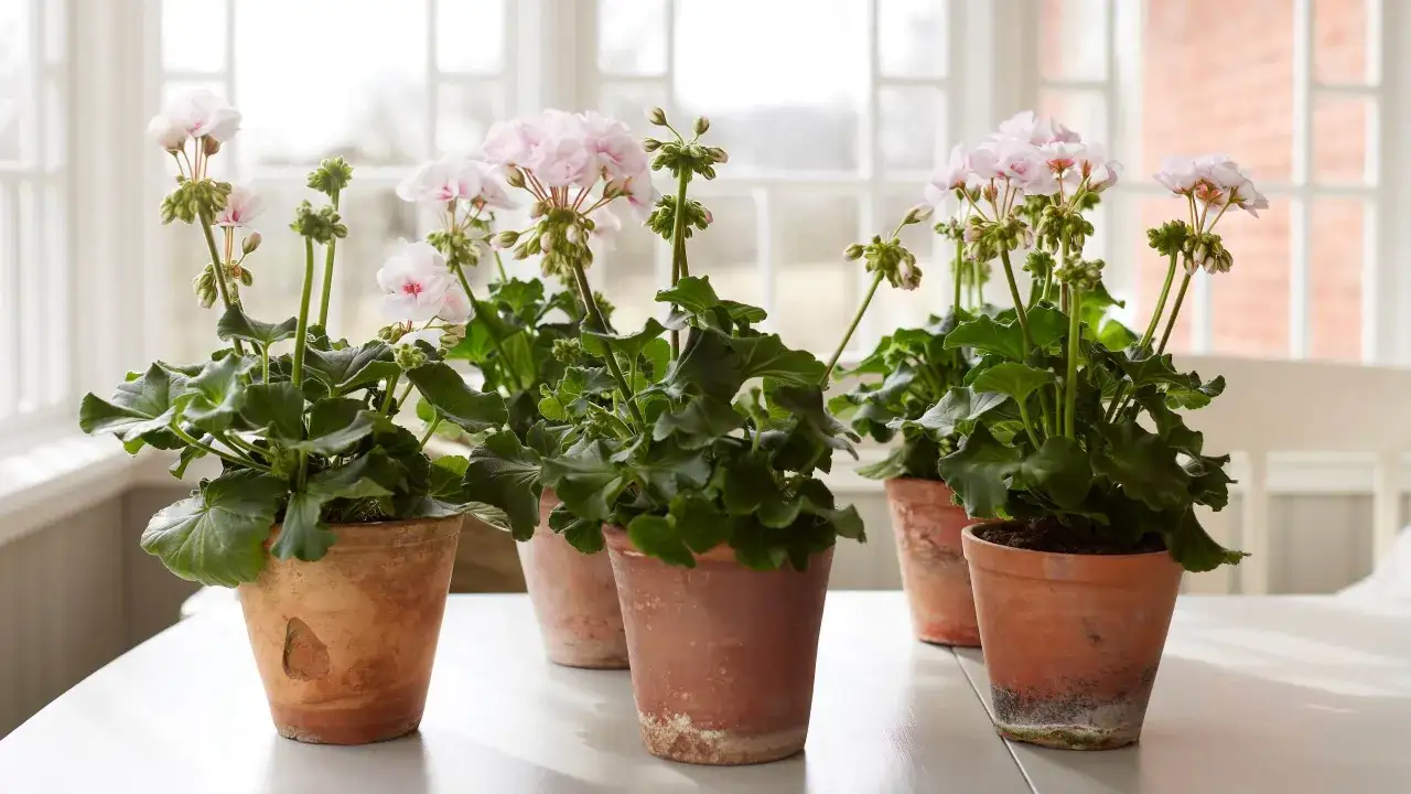 Flera krukor med rosa pelargoner inomhus, med gröna blad och blomknoppar.