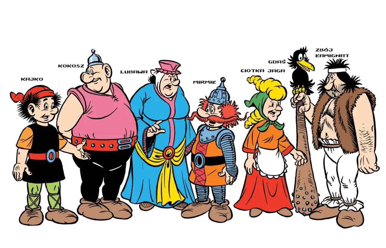 Kajko, Kokosz, Lubawa, Mirmil, ciotka Jaga, Gdas i Zbój Kamignat stoją obok siebie.