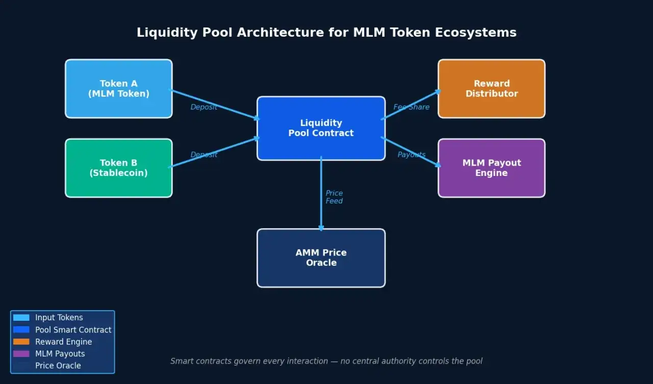 Architektur eines Liquiditätspools für MLM-Token-Ökosysteme, der Token A und B, einen Pool-Smart-Contract, einen Belohnungsverteiler, eine MLM-Auszahlungs-Engine und ein AMM-Preis-Oracle zeigt. Ein Balancer fi steuert die Interaktionen.