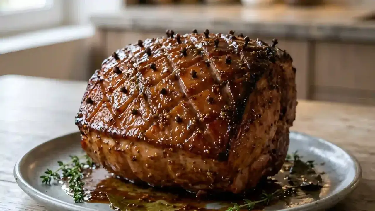 Un jambon de No&euml;l traditionnel, glac&eacute; et parsem&eacute; de clous de girofle, pr&ecirc;t &agrave; &ecirc;tre d&eacute;gust&eacute;. Une recette festive et savoureuse.