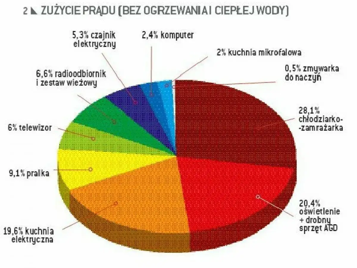 Wykres kołowy pokazuje, ile prądu zużywa jedna osoba miesięcznie. Najwięcej pochłania lodówka (28,1%), oświetlenie i drobny sprzęt AGD (20,4%), a kuchnia elektryczna (19,6%).