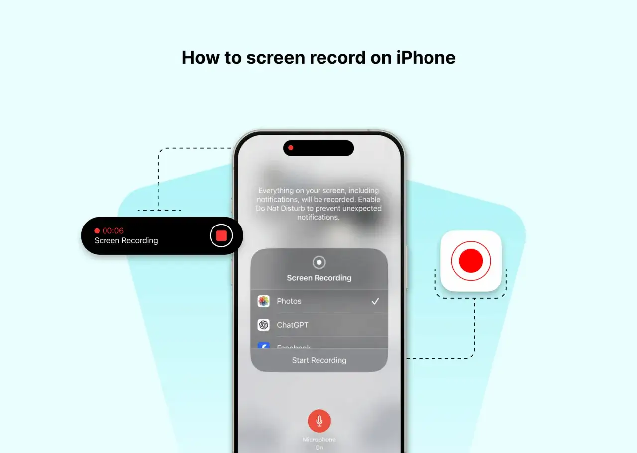 Nagrywanie ekranu na iPhonie. Widoczny interfejs z opcją rozpoczęcia nagrywania, wyborem aplikacji i informacją o czasie nagrania.