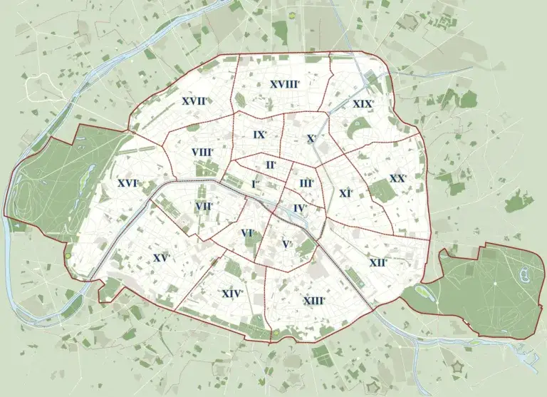 Mapa Paryża z zaznaczonymi bezpiecznymi i mniej bezpiecznymi dzielnicami