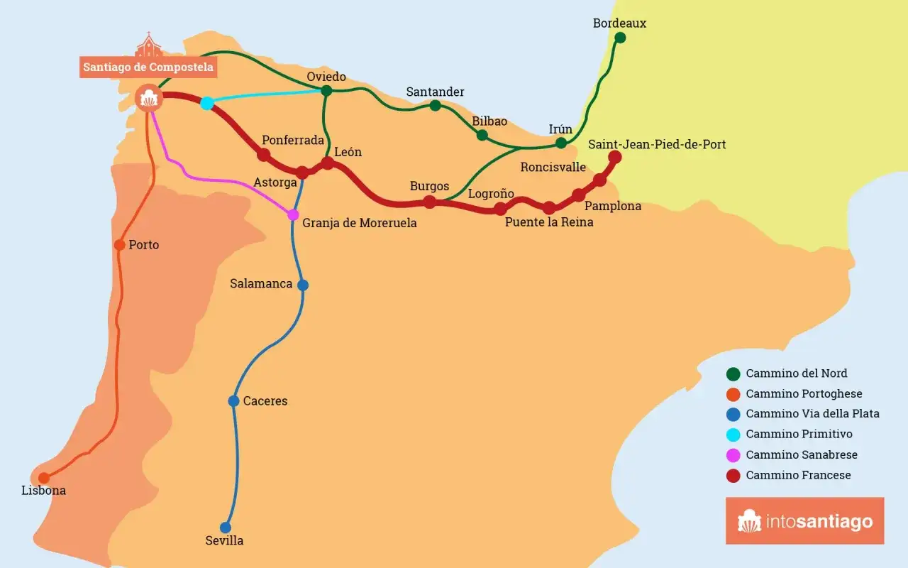 Mappa delle tappe del Cammino di Santiago, con percorsi da Lisbona, Porto, Bordeaux e altre città.