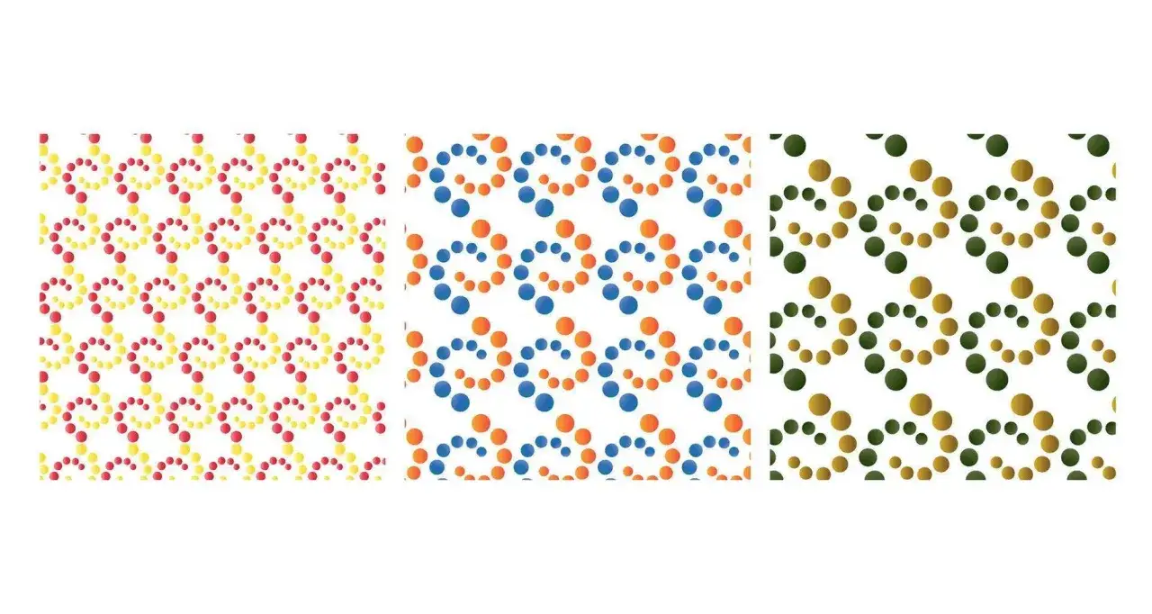 Three patterns of swirling polka dots in red/yellow, blue/orange, and green/gold. The polka dot meaning can be playful and vibrant.
