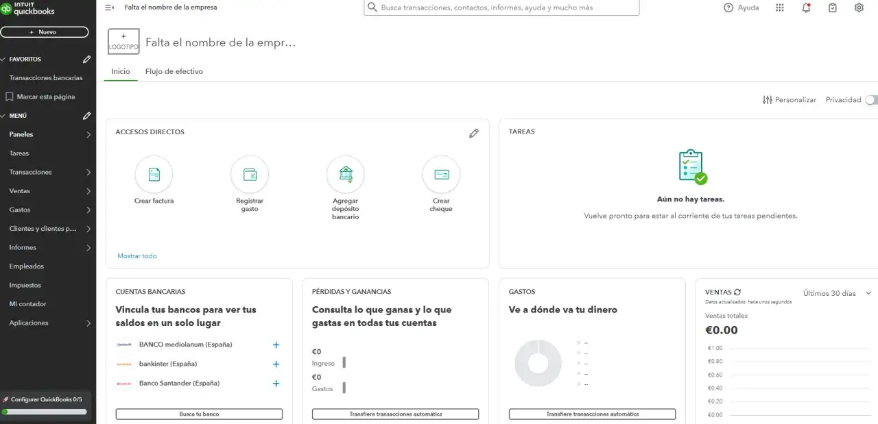 Panel de control de QuickBooks con acceso r&aacute;pido a facturas, gastos y cuentas bancarias. Ideal para la gesti&oacute;n **erp administrativo**.