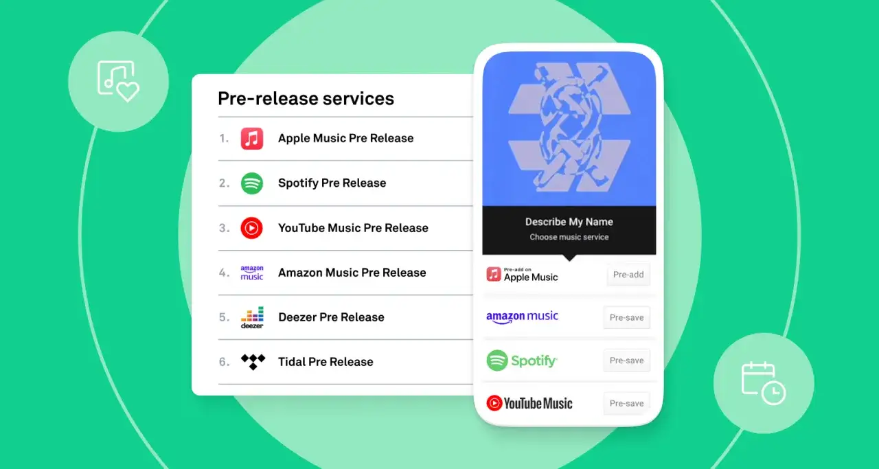 Liste von Musikdiensten f&uuml;r Pre-Release: Apple Music, Spotify, YouTube Music, Amazon Music, Deezer, Tidal. Hier kann man einen Pre-save Link f&uuml;r seine Musik finden.
