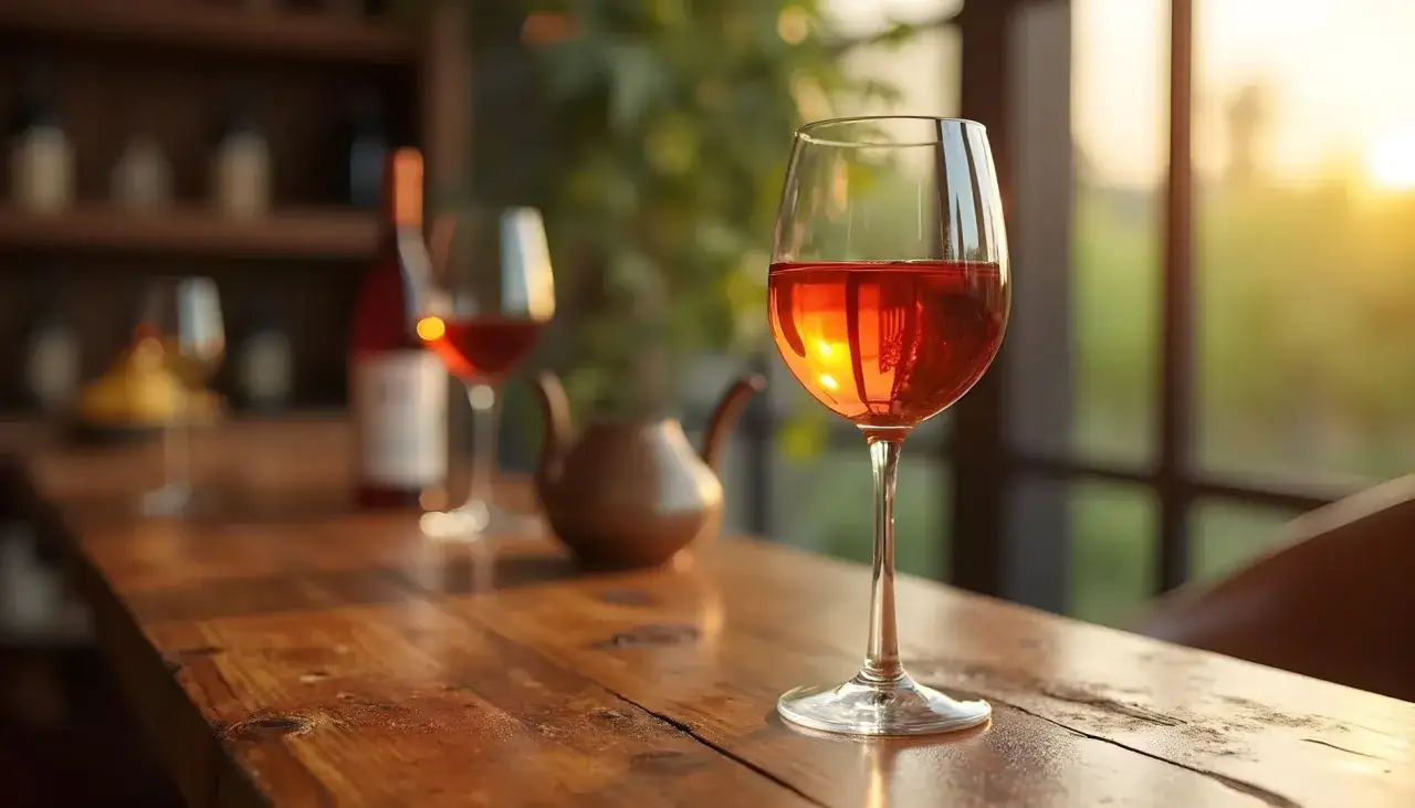Ein Glas mit leuchtend orangefarbenem Wein steht auf einem Holztisch. Im Hintergrund sind weitere Gl&auml;ser, eine Karaffe und ein Fenster mit Sonnenschein zu sehen.
