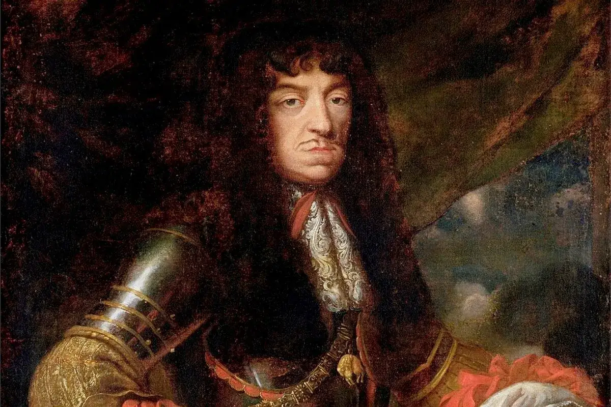 Portret króla Jana Kazimierza, który w czasach Potopu walczył o Rzeczpospolitą. Król w peruce i zbroi.