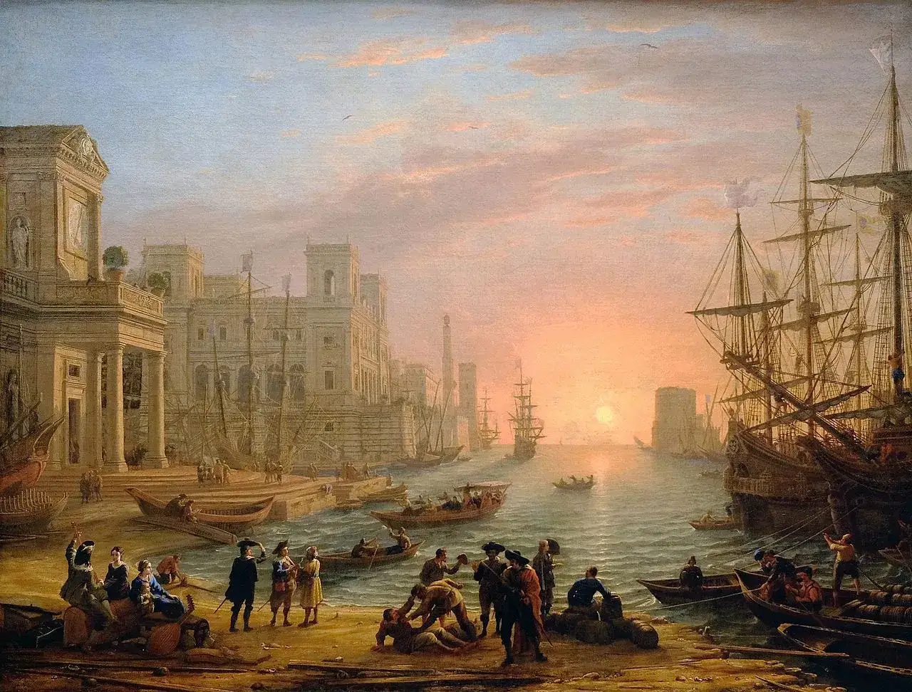 Une marine peinture d'un port animé au coucher du soleil, avec des voiliers majestueux et des bâtiments classiques.