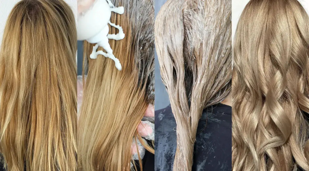 Från gyllene till blonda toner. Håret bleks och får en ny, ljusare nyans.