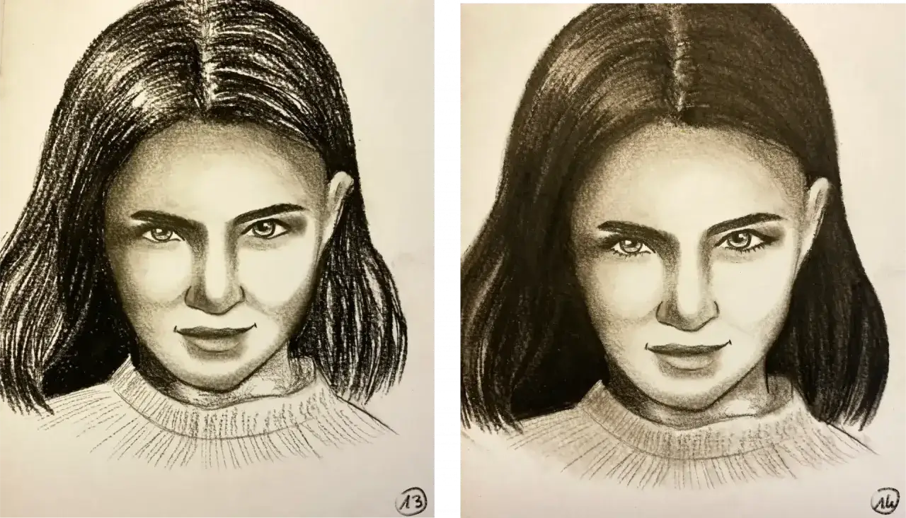 Deux portraits au fusain d'une femme aux cheveux sombres, un portrait fusain artiste connu, capturant son regard intense et un l&eacute;ger sourire.