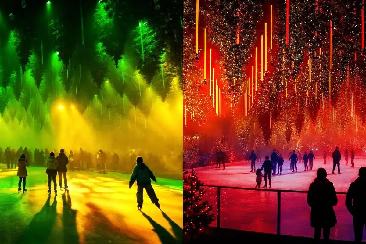 Zwei magische Eisbahnen in Berlin: Links im gr&uuml;nen Licht, rechts im roten Lichtermeer. Schlittschuhlaufen unter funkelnden B&auml;umen.