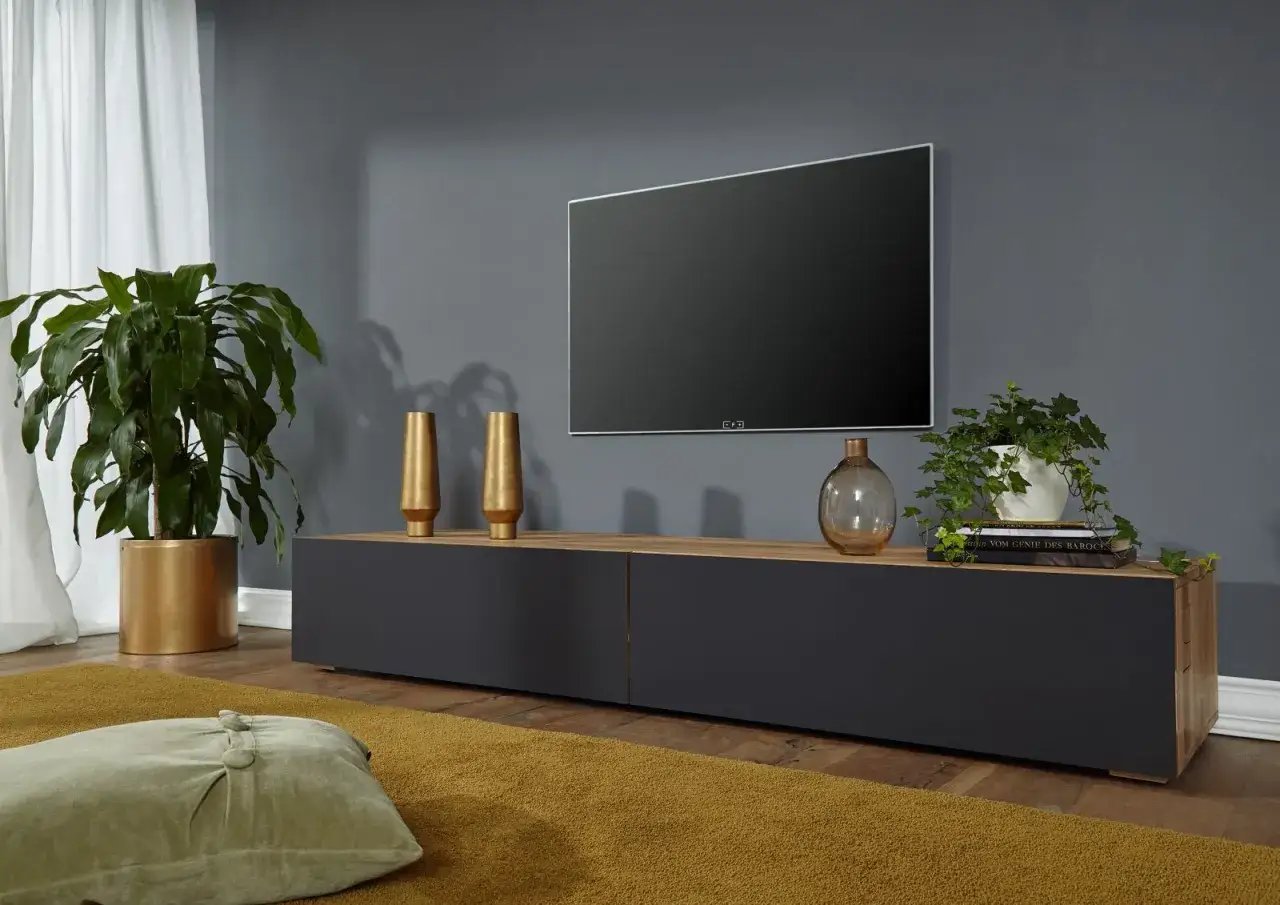 Modernes Wohnzimmer mit deko tv board, gro&szlig;em Flachbildschirm, Pflanzen und goldenen Vasen.
