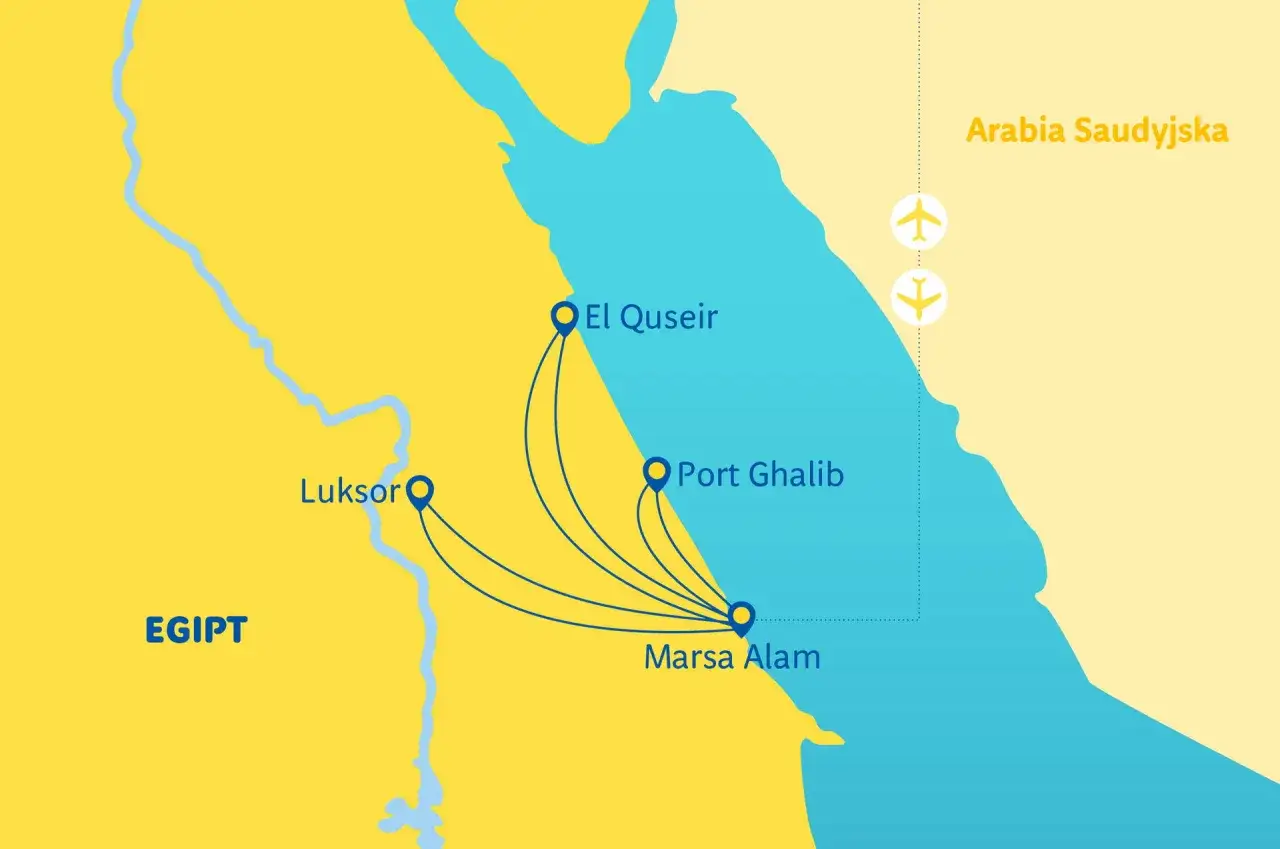Mapa pokazuje lotniska w Egipcie: Luksor, El Quseir, Port Ghalib i Marsa Alam. Widać też połączenia lotnicze do Arabii Saudyjskiej.