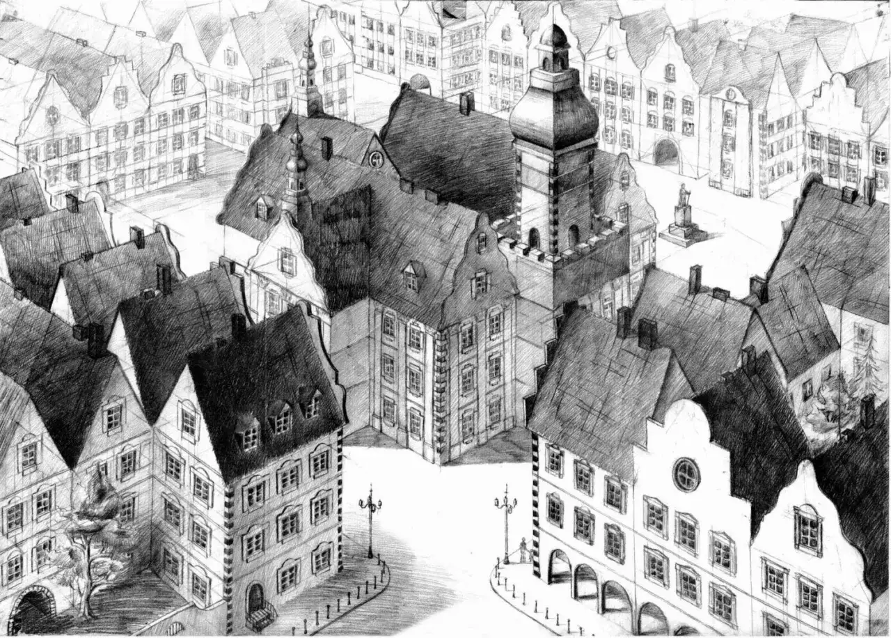 Rysunek przedstawia gęsto zabudowany, historyczny megapolis z charakterystycznymi kamienicami i wieżą ratuszową.