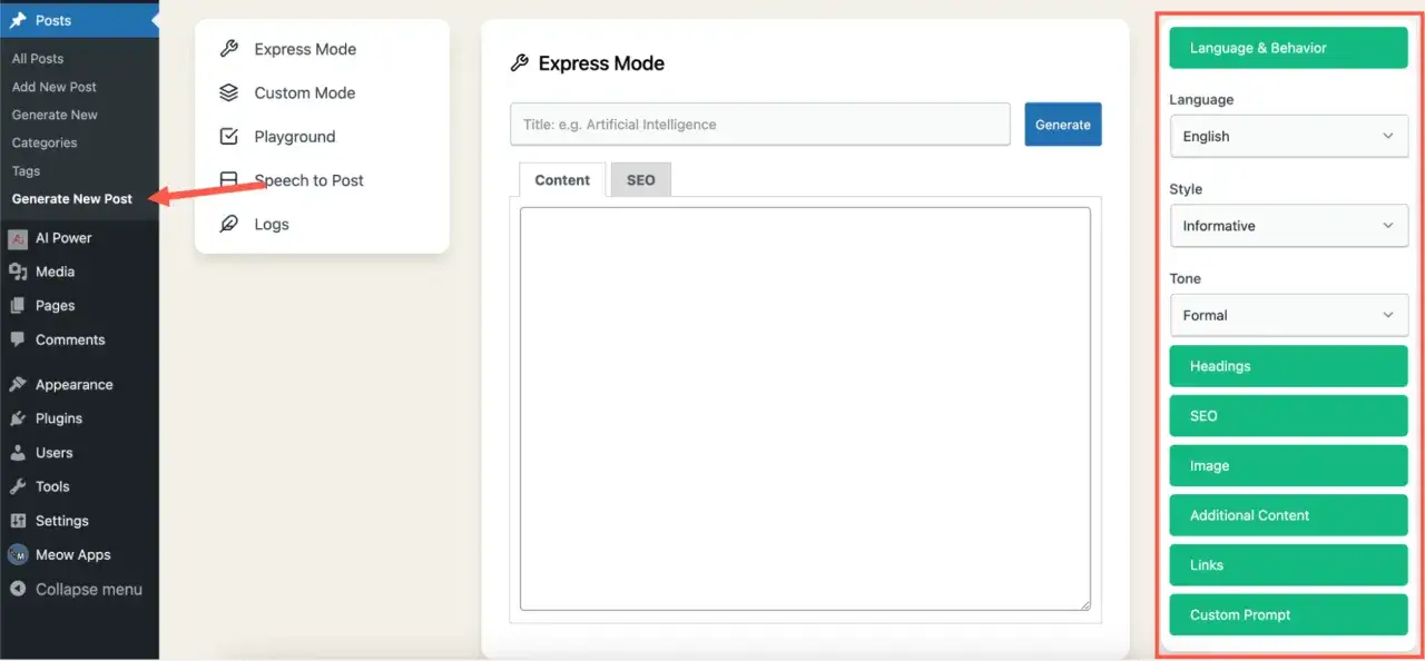Interface WordPress pour g&eacute;n&eacute;rer du contenu avec ChatGPT. Options de langue, style et ton pour la cr&eacute;ation d'articles.