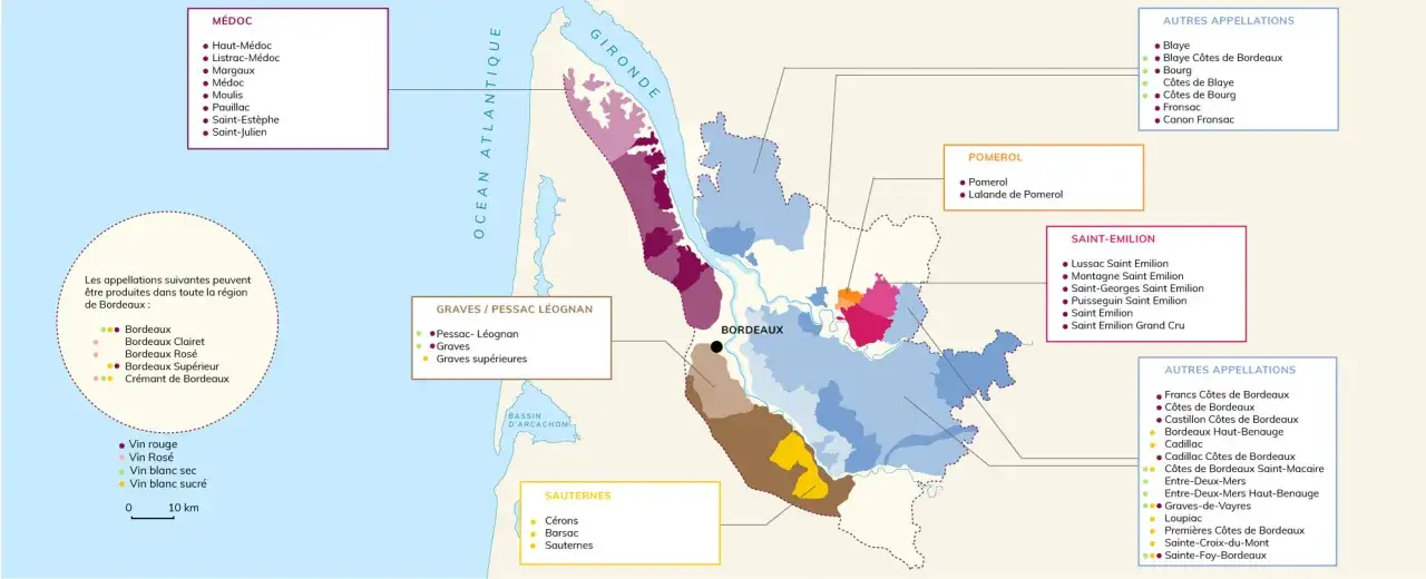 Karte der Bordeaux-Weinregion mit Appellationen. Eine bordeaux jahrgangstabelle ist hier nicht direkt abgebildet, aber die Karte zeigt die Gebiete.