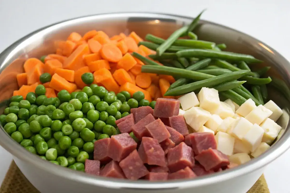 Bol en inox rempli de carottes coupées, petits pois, haricots verts, dés de viande et de fromage. Un mélange sain de legume pour chien.