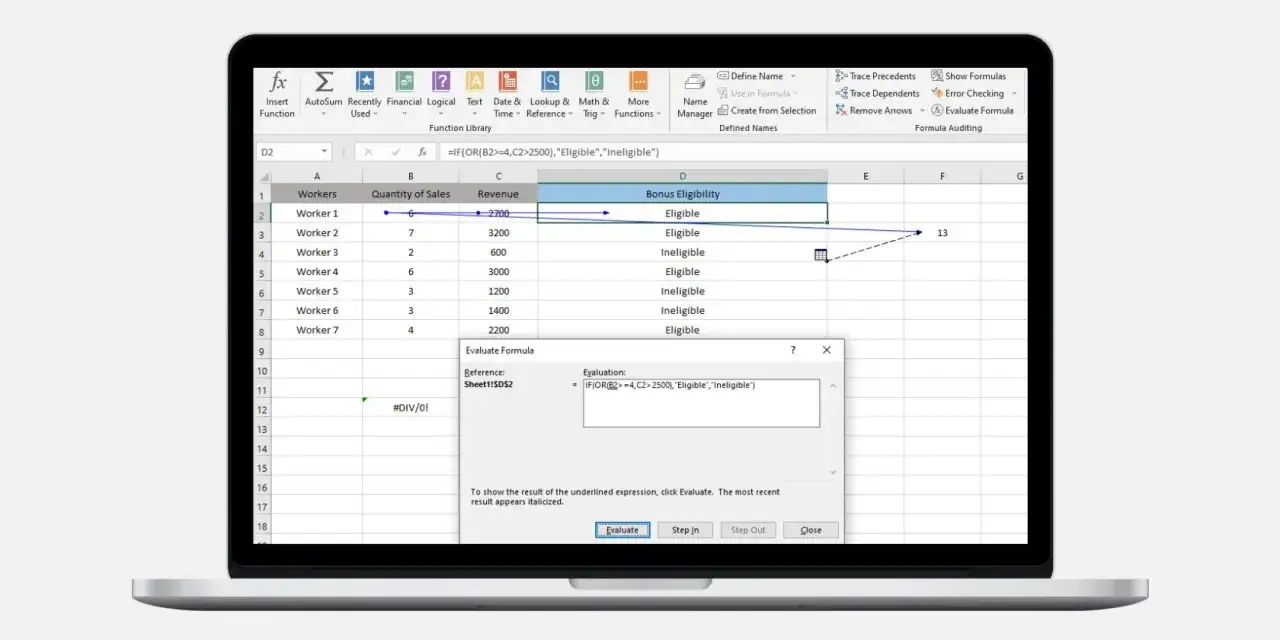 Praca w arkuszu kalkulacyjnym, gdzie formuła w programie Excel sprawdza, czy pracownik jest uprawniony do premii na podstawie ilości sprzedaży i przychodów.
