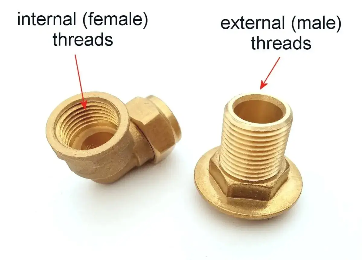 Pièce coudée en laiton avec raccord femelle et pièce cylindrique avec raccord mâle.