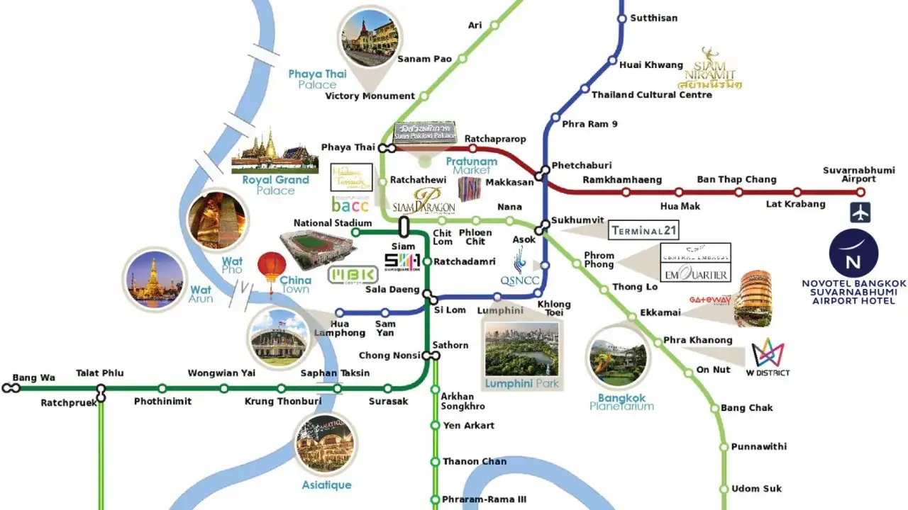 Mapa metra w Bangkoku z zaznaczonym lotniskiem Suvarnabhumi.