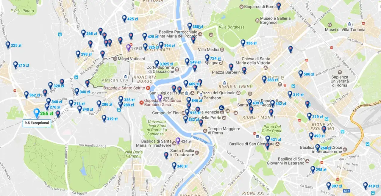 Mapa dzielnic Rzymu ceny nocleg&oacute;w
