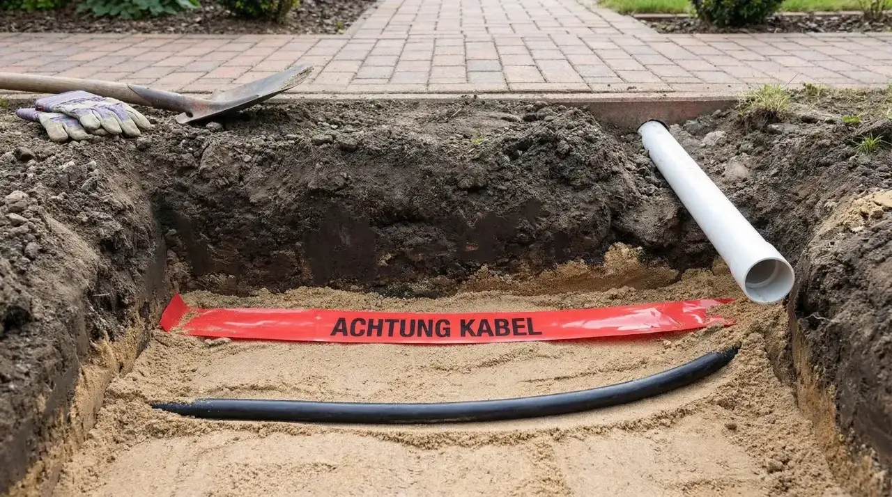 Arbeiten im Erdreich: Eine schwarze Leitung wird verlegt, geschützt durch eine rote Warnbanderole