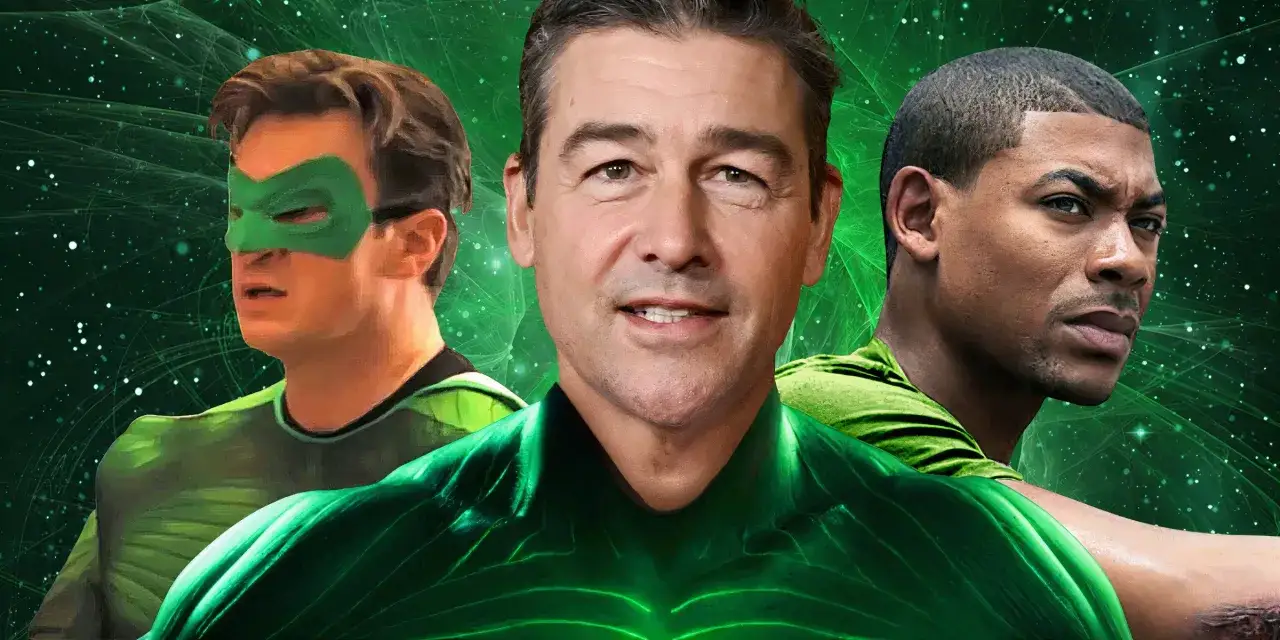 Tres hombres con trajes de Green Lantern, uno con m&aacute;scara verde, otro sonriendo y el tercero con mirada seria.