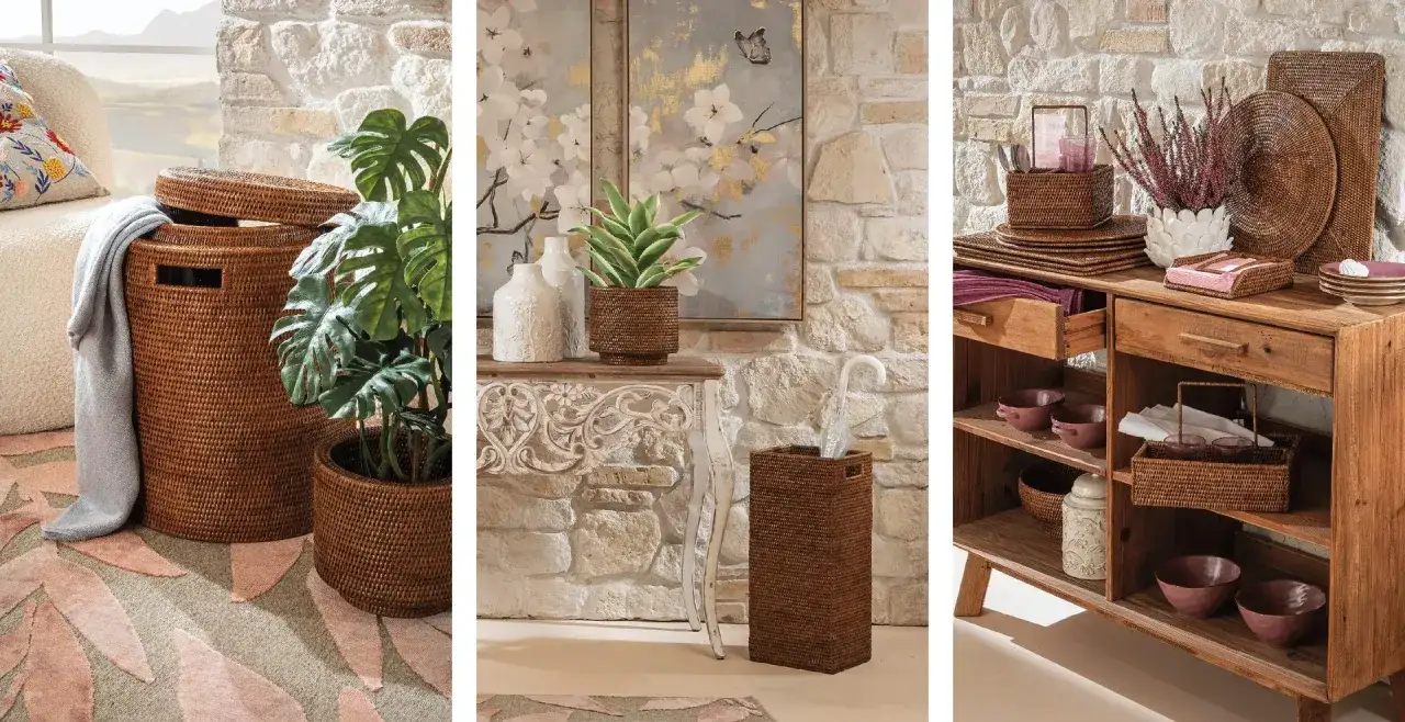 Cesti in rattan color sabbia arredano una casa con stile. Piante, vasi e accessori coordinati creano un'atmosfera accogliente.