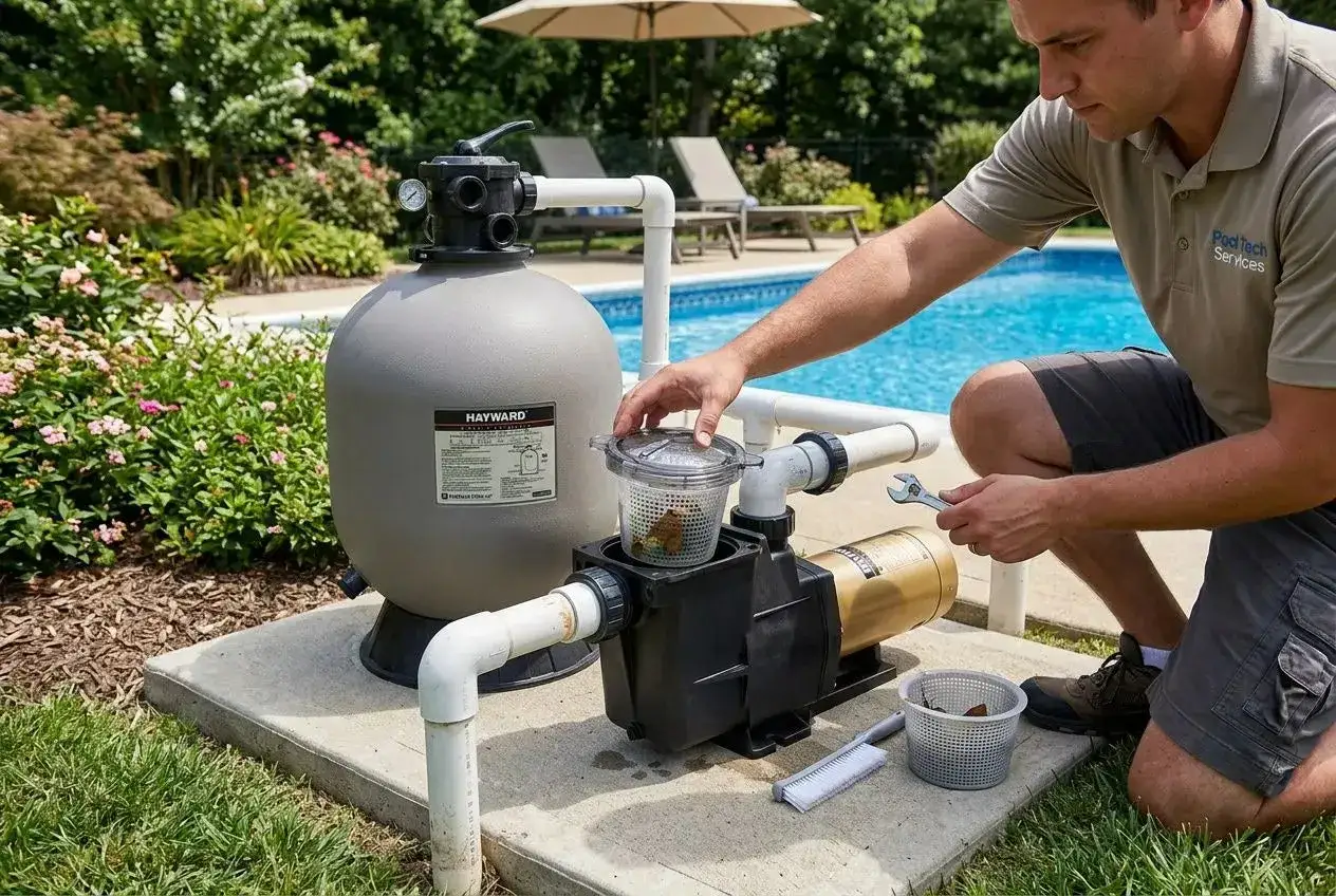 Técnico revisa bomba de piscina, similar a las bombas de alta presión para hidrolimpiadoras, asegurando su correcto funcionamiento.