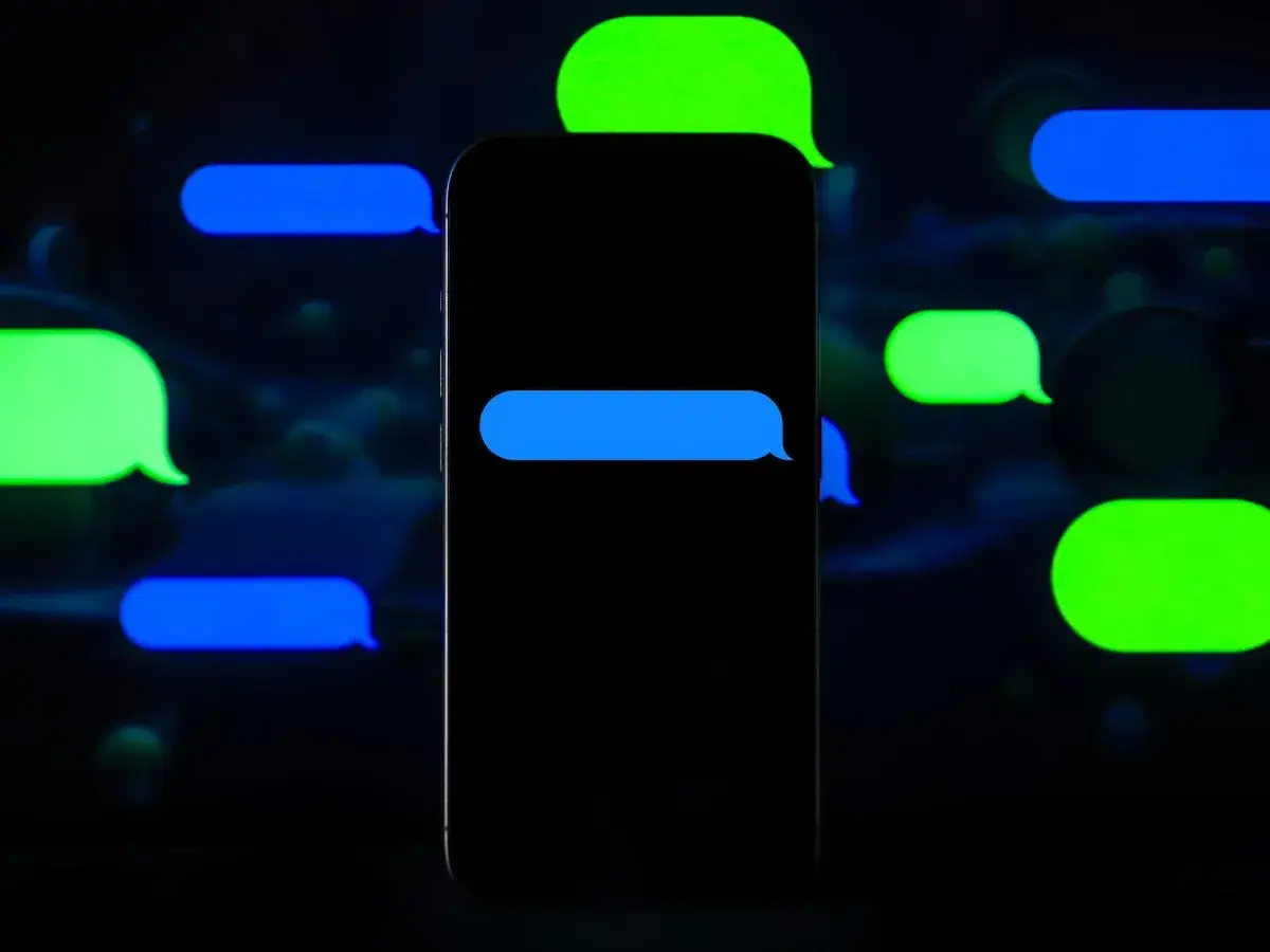 Nowoczesny smartfon z ciemnym ekranem, otoczony świecącymi na niebiesko i zielono dymkami czatu. Dowiedz się, jak włączyć czat RCS, by Twoje wiadomości były bogatsze.