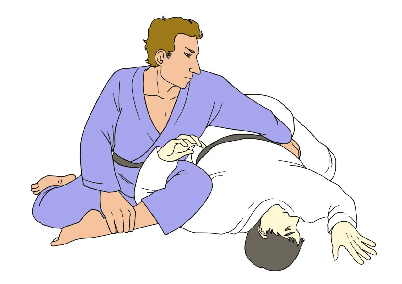 Tv&aring; personer i judodr&auml;kter. En person utf&ouml;r en omoplata bjj-teknik p&aring; den andra.