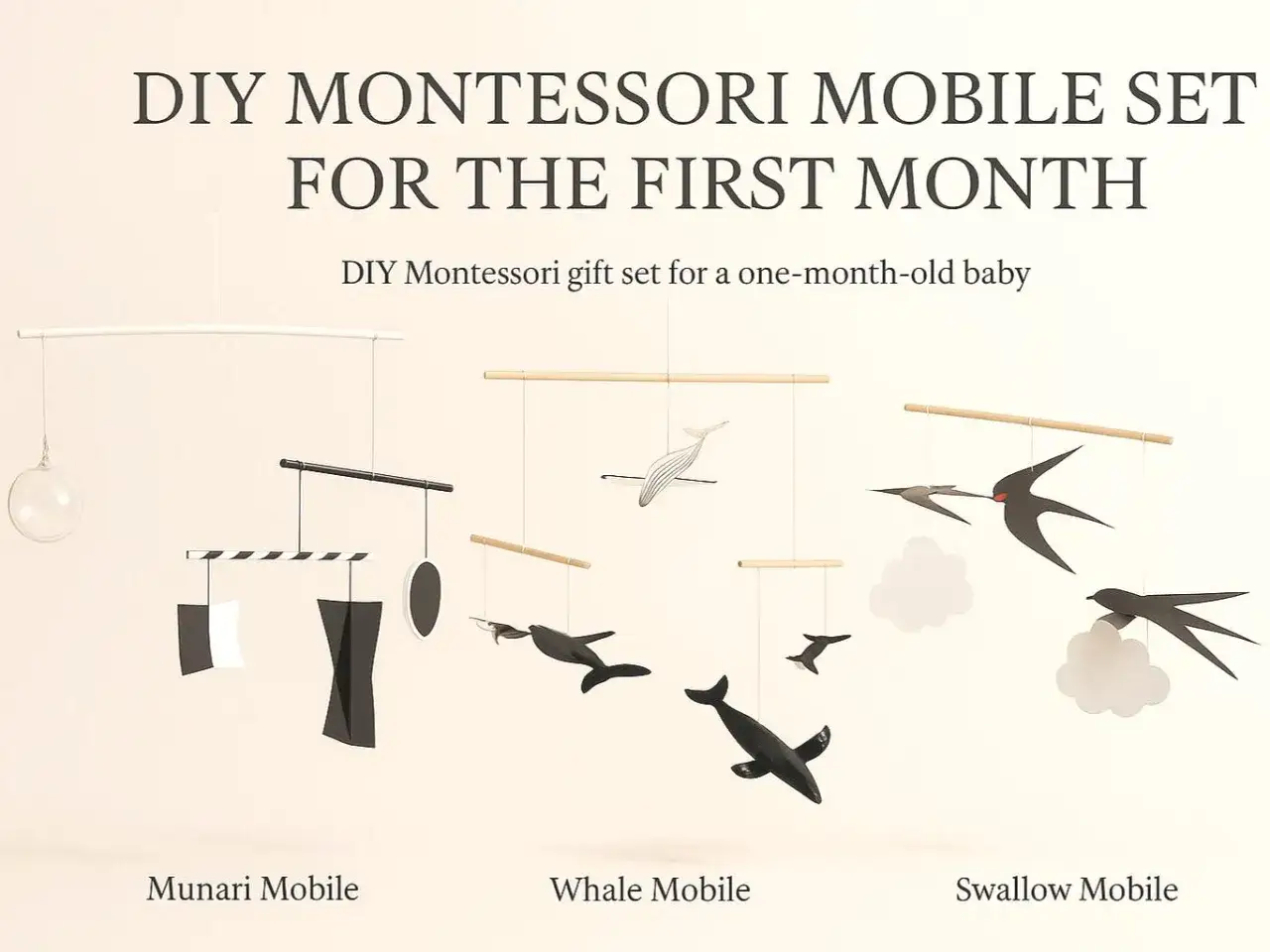 Zestaw do samodzielnego wykonania mobilów Montessori: Munari, wieloryby i jaskółki. Idealne zabawki DIY dla niemowląt.